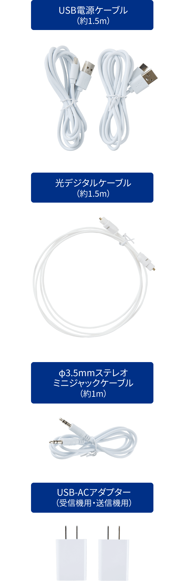 USB電源ケーブル（約1.5m） / 光デジタルケーブル（約1.5m） / φ3.5mmステレオミニジャックケーブル（約1.5m） / USB-ACアダプター（受信機用・送信機用）
